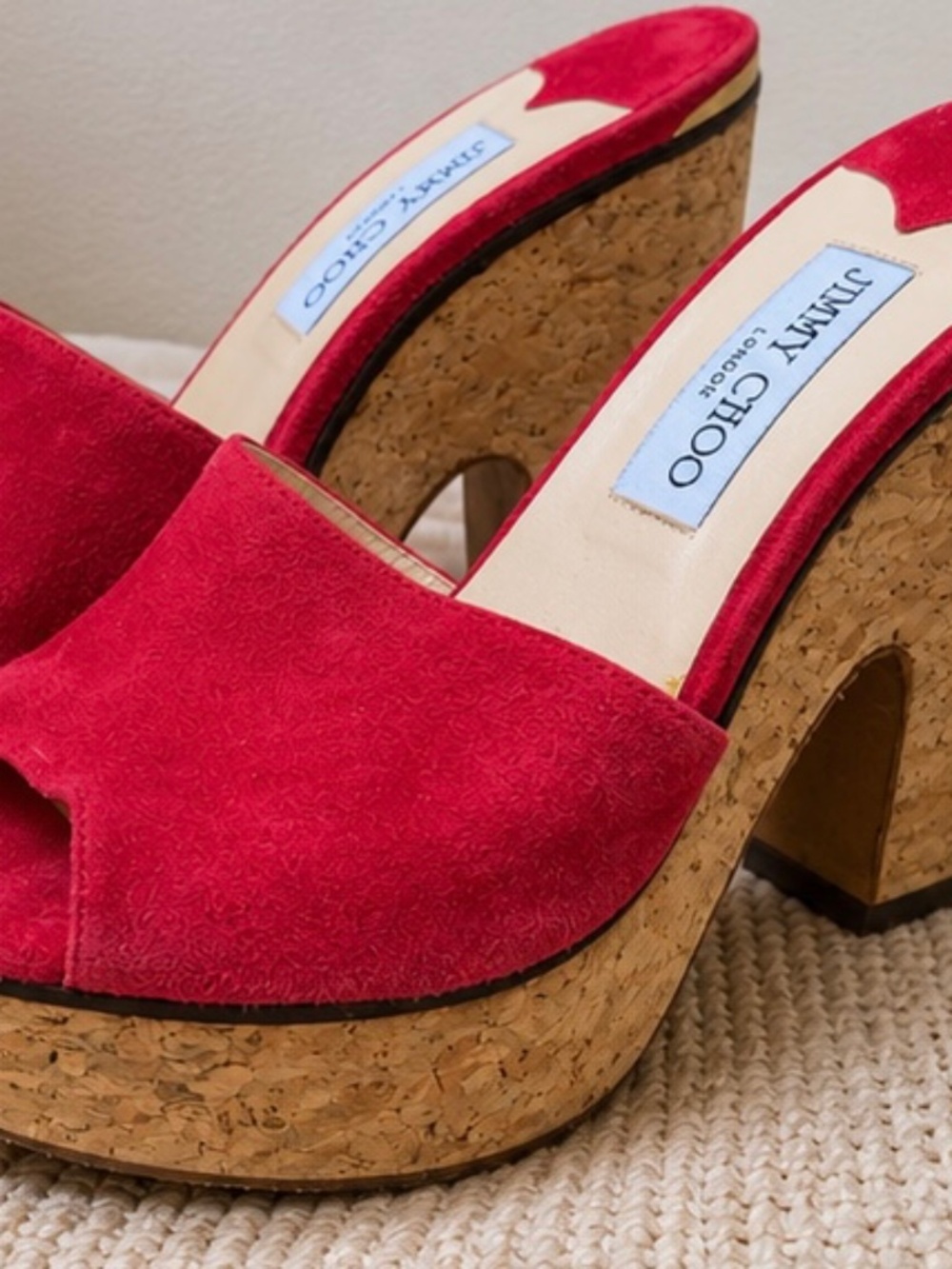 Jimmy Choo Red Suede Cork Platform Mules | Sculptural Cut-Out Heel | EU 38.5